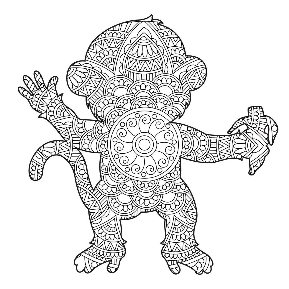 página de coloração de mandala de macaco para adultos livro de colorir de animais florais isolado no fundo branco página de coloração antiestresse ilustração vetorial vetor