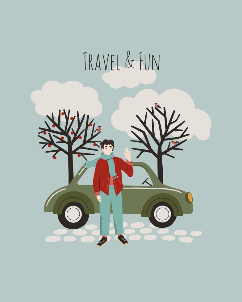 vetor homem feliz com carro verde. conceito de ilustração de viagens para pôster, cartão, impressão, design.