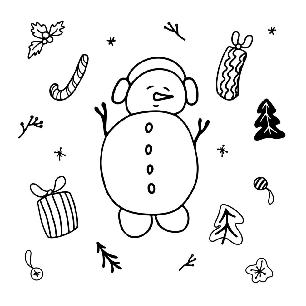conjunto de desenho vetorial de doodle de natal de boneco de neve. elementos de design de contorno desenhados à mão em preto e branco. vetor