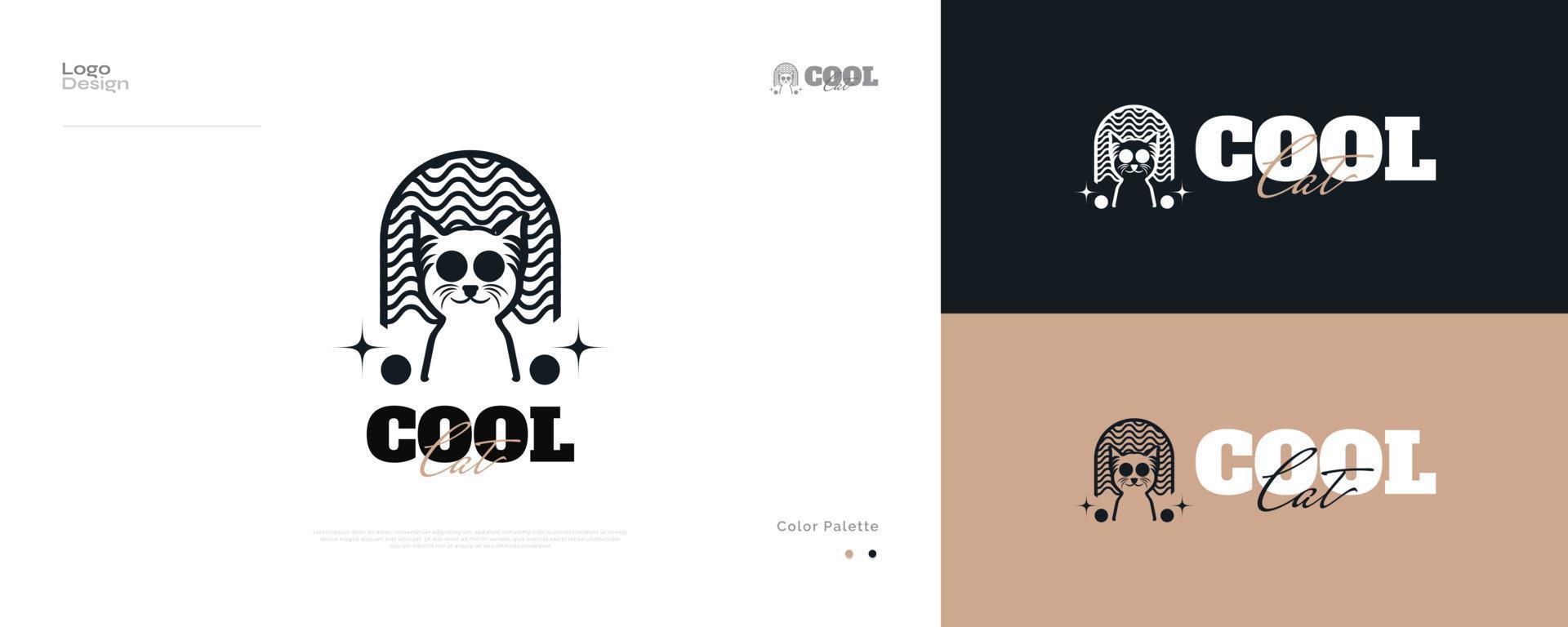 logotipo legal do gato usando óculos escuros. ilustração de gato, pode ser usada para tatuagem, arte ou mascote vetor