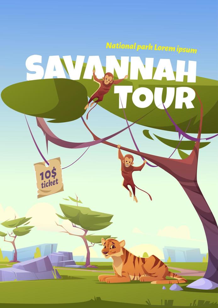 cartaz de desenho animado da excursão de savana, convite do parque zoológico vetor