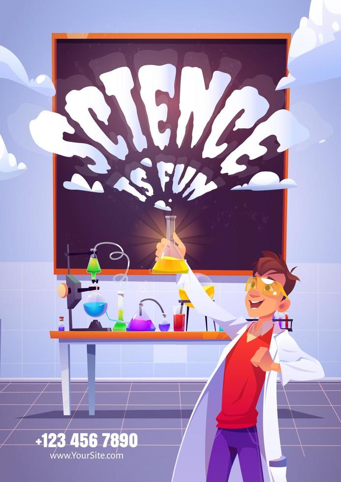 ciência é divertido cartaz de desenho animado com químico feliz vetor