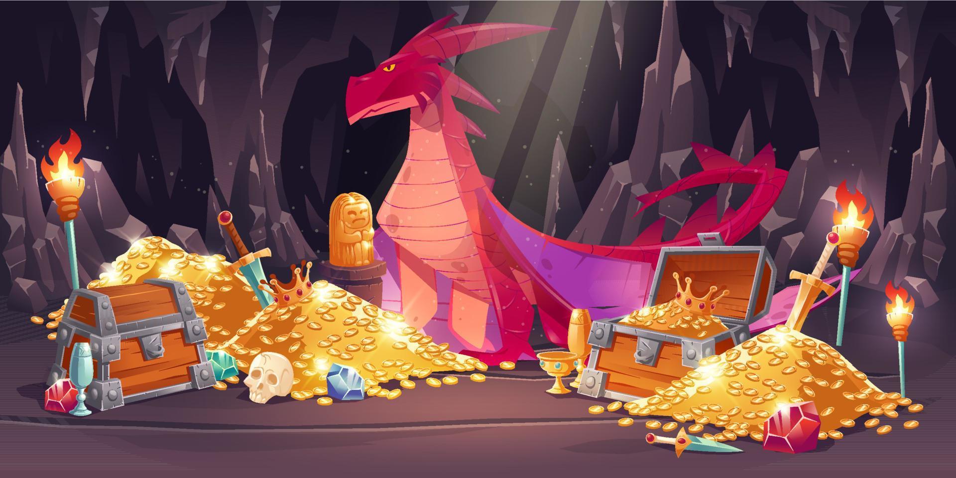 caverna com dragão vermelho, moedas de ouro e tesouro vetor