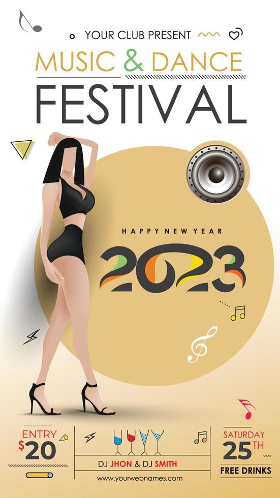 Cartaz de panfleto de evento de festa de música de ano novo de 2023 para postagem de mídia social. vetor