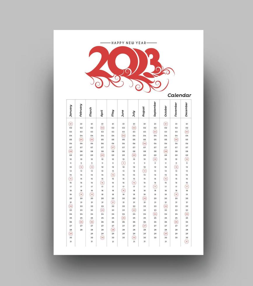 design de modelo de feliz ano novo de calendário de 2023 vetor