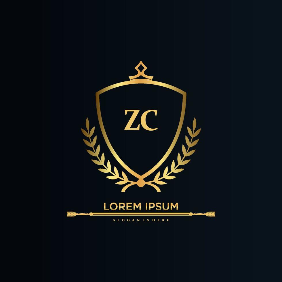 inicial da letra zc com template.elegant real com vetor de logotipo de coroa, ilustração em vetor de logotipo de letras criativas.