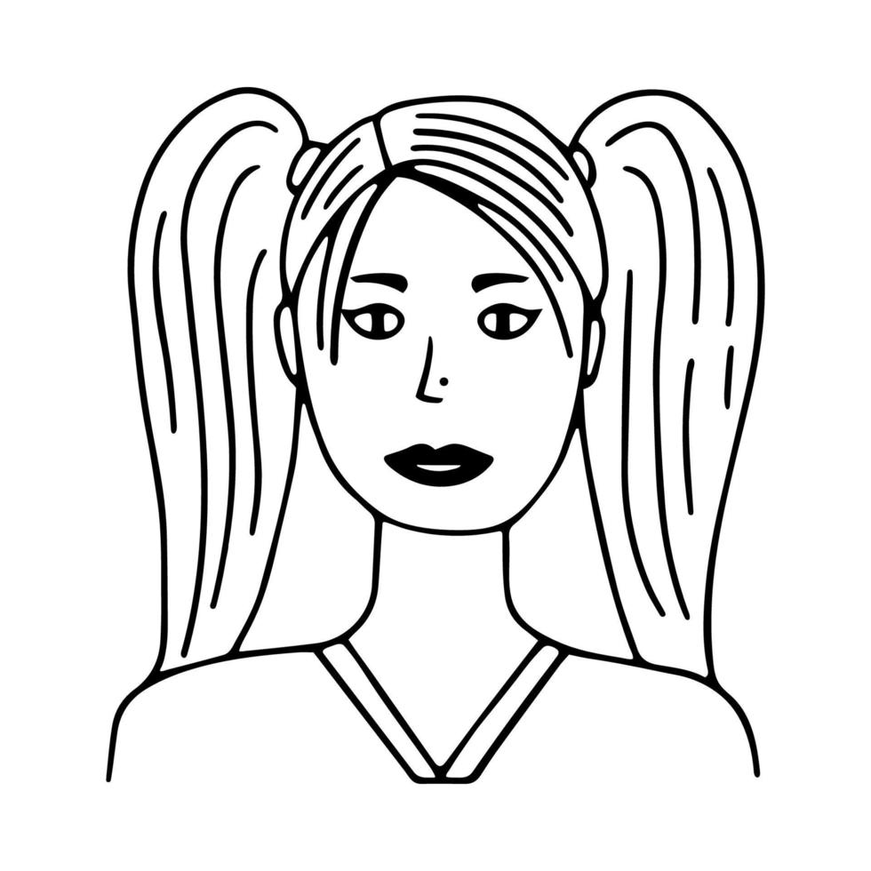 Doodle jovem incomum com retrato de cabelo comprido. rosto, cabeça de mulher. ícone desenhado à mão na moda. ilustração em vetor preto e branco. esboço de rabisco desenhado à mão. perfeito para mídias sociais, avatares, pôster