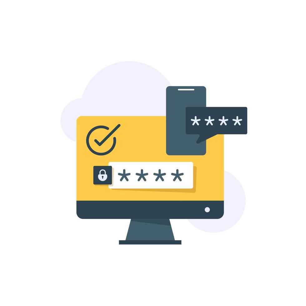 senha de autenticação 2fa verificação de login de aviso seguro ou sms com ícone de escudo de mensagem de código push no telefone smartphone e computador laptop pc vetor plano colorido
