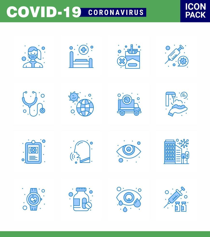 16 pacote de ícones do vírus viral azul corona, como cuidados com a saúde, medicina, cigarro, coronavírus viral, elementos de design do vetor da doença de 2019nov