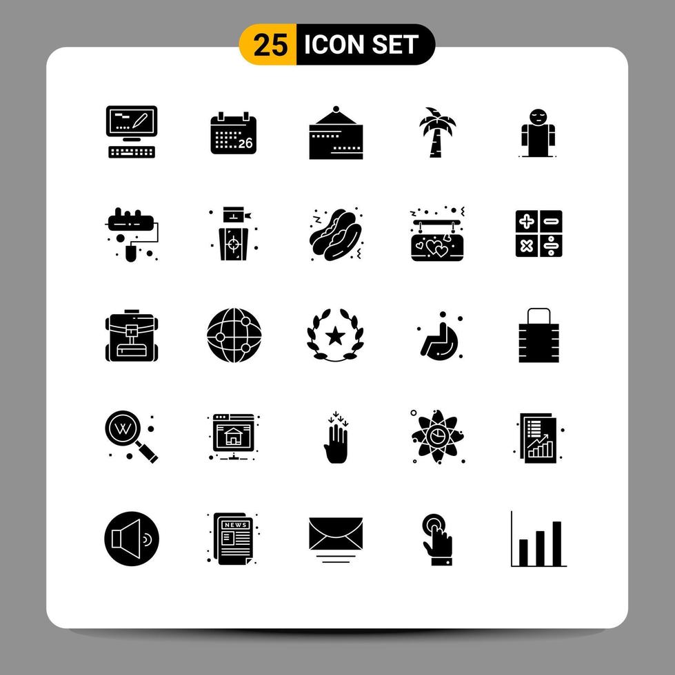conjunto moderno de pictograma de 25 glifos sólidos de mão de pessoa, braços fechados, árvore, elementos de design de vetores editáveis