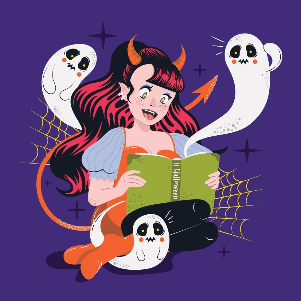 personagem de garota do diabo lendo um livro vetor