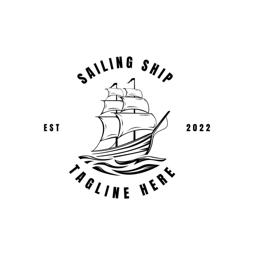 barco à vela vintage bergantim com vetor de ícone de esboço isolado preto e branco