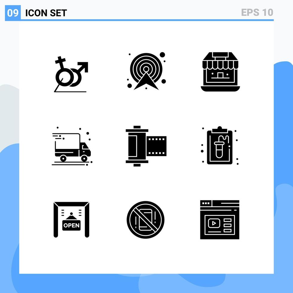 9 ícones criativos sinais e símbolos modernos de entrega de câmera van mapa caminhão de entrega compras elementos de design de vetores editáveis