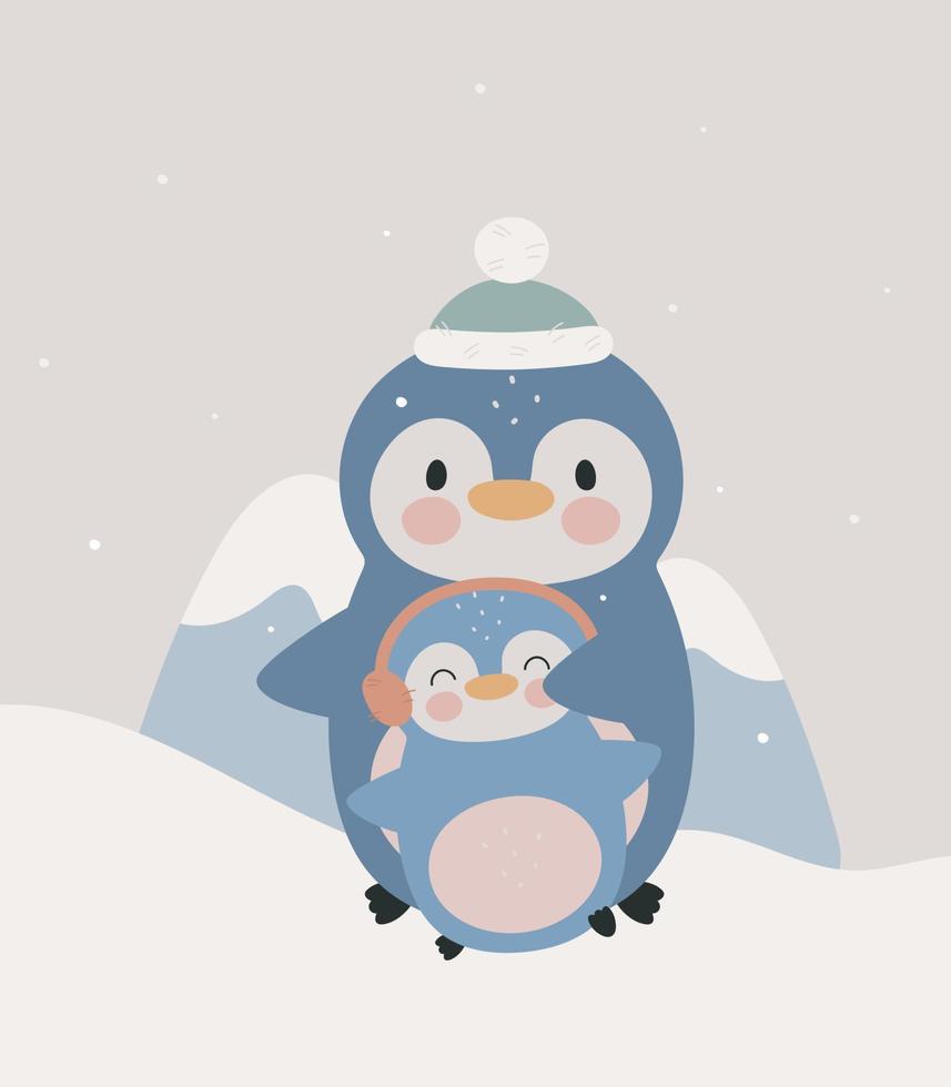 cartaz dos desenhos animados com um pinguim bonito e bebê. ilustração vetorial. para coisas infantis, cartão, pôsteres, banners, livros infantis, impressão na embalagem, impressão em roupas, tecido, papel de parede, têxtil. vetor