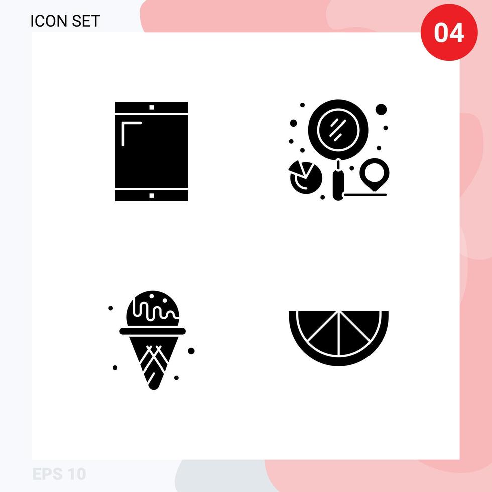 conjunto de pictogramas de 4 glifos sólidos simples de localizador de sorvete de celular pesquisa elementos de design de vetores editáveis de limão