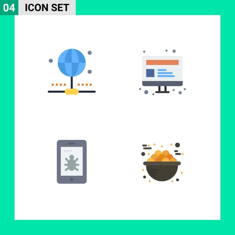 pacote de 4 sinais e símbolos de ícones planos modernos para mídia impressa na web, como bug de conexão, página da web de computador, comida, elementos de design vetorial editáveis vetor