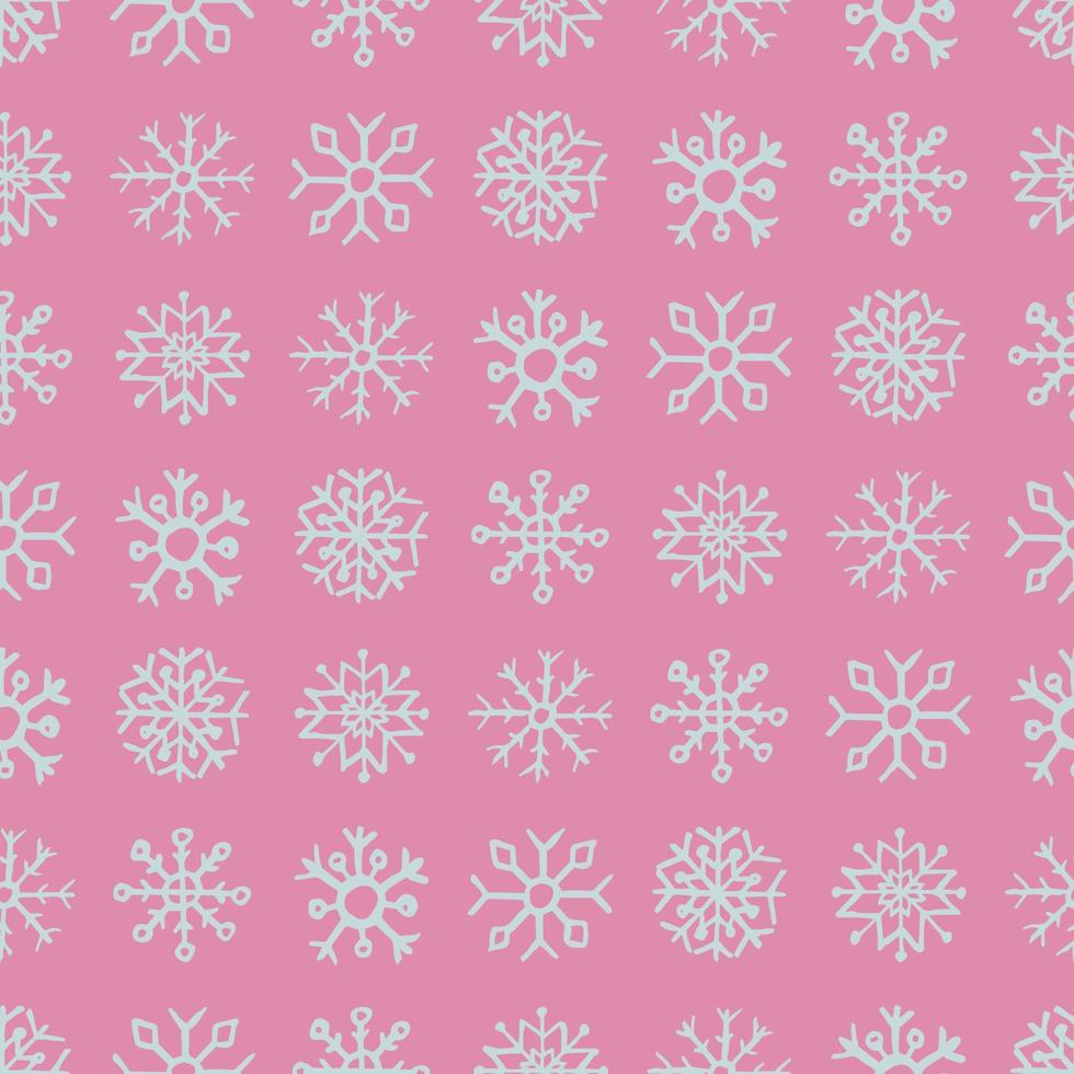 fundo sem emenda de flocos de neve desenhados à mão. flocos de neve brancos em fundo rosa. elementos de decoração de natal e ano novo. ilustração vetorial. vetor