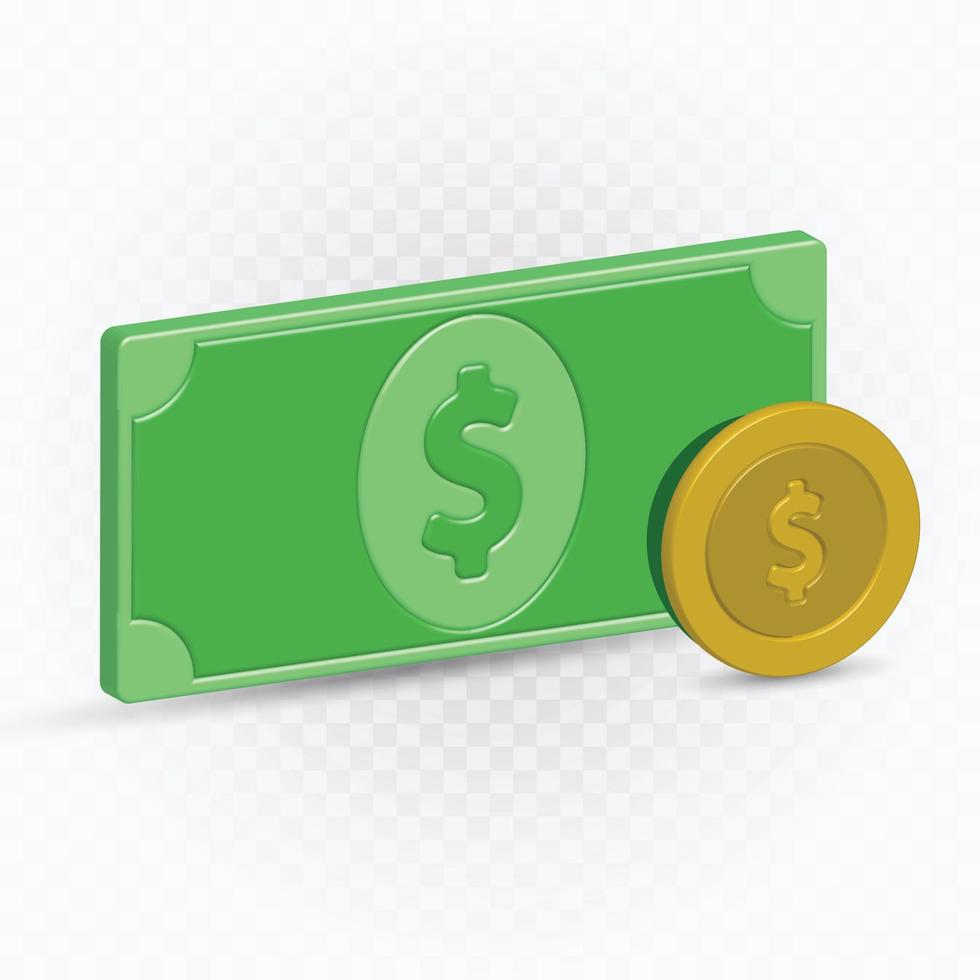 moeda de dinheiro e ilustração em vetor realista de arte de clipe de papel de dinheiro, negócios de finanças de ícone, vetor de moeda de dólar.