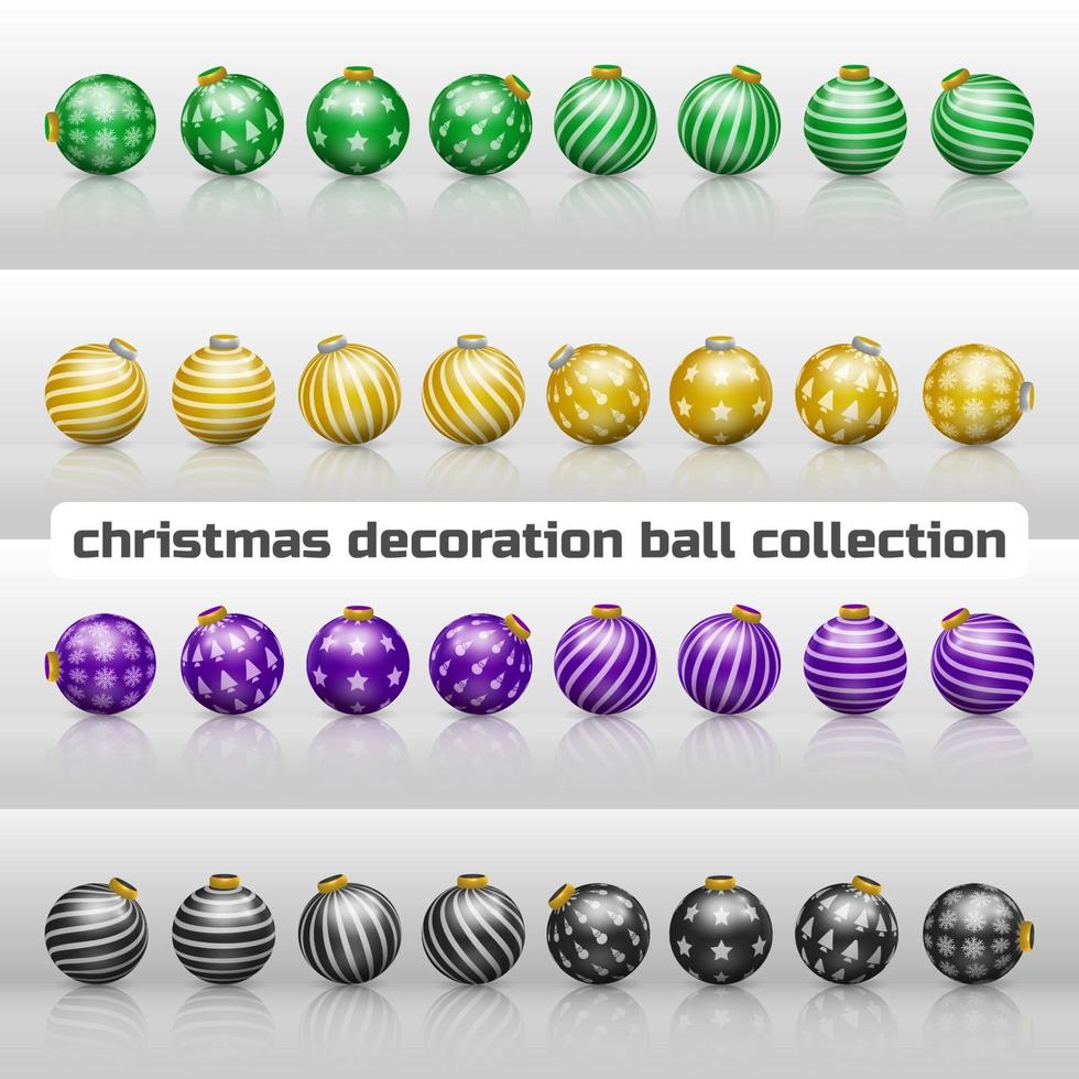 bolas de natal coloridas. conjunto de vetores de decoração realista verde, amarelo, roxo e preto.