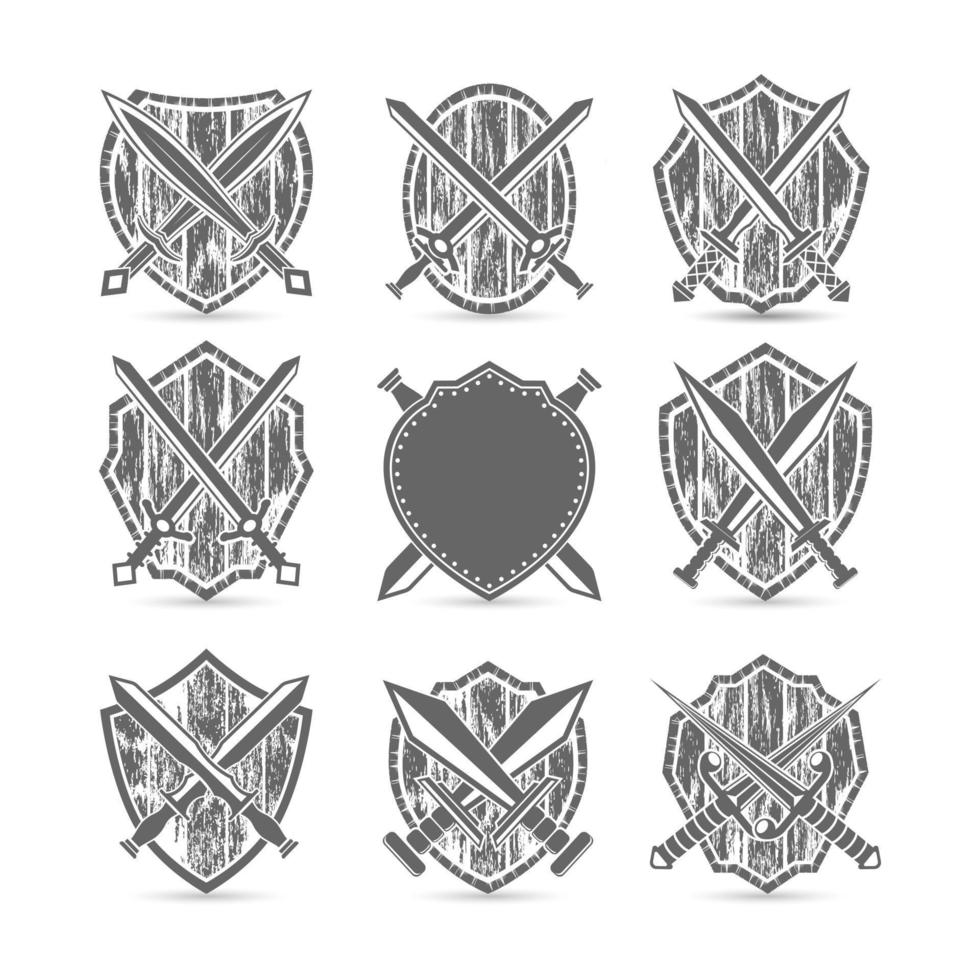 conjunto de ícones de espada e escudo. estilo grunge abstrato vetorial vetor