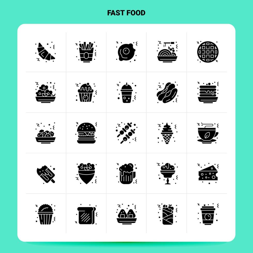 sólido 25 conjunto de ícones de fast food design de estilo glifo vetorial conjunto de ícones pretos web e design de ideias de negócios móveis ilustração vetorial vetor