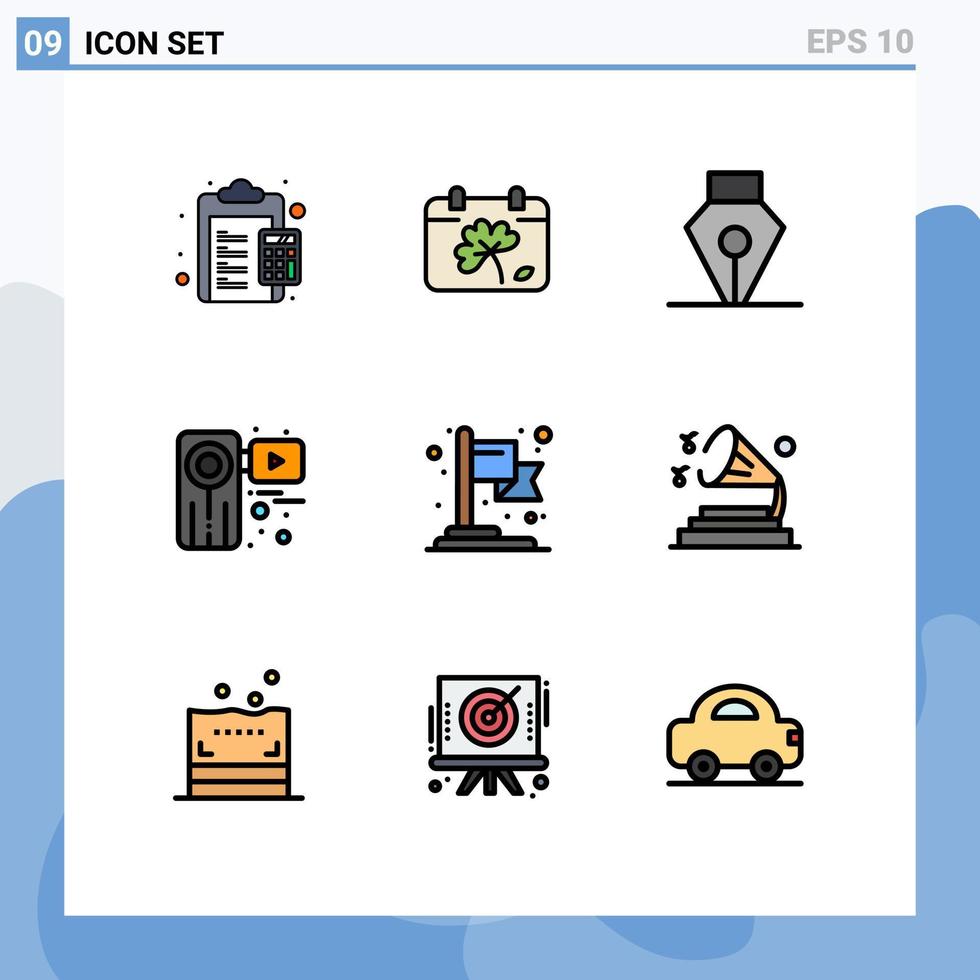 conjunto de cores planas de linha preenchida de interface móvel de 9 pictogramas de elementos de design de vetores editáveis de câmera de vídeo de primavera de gravador de conquista