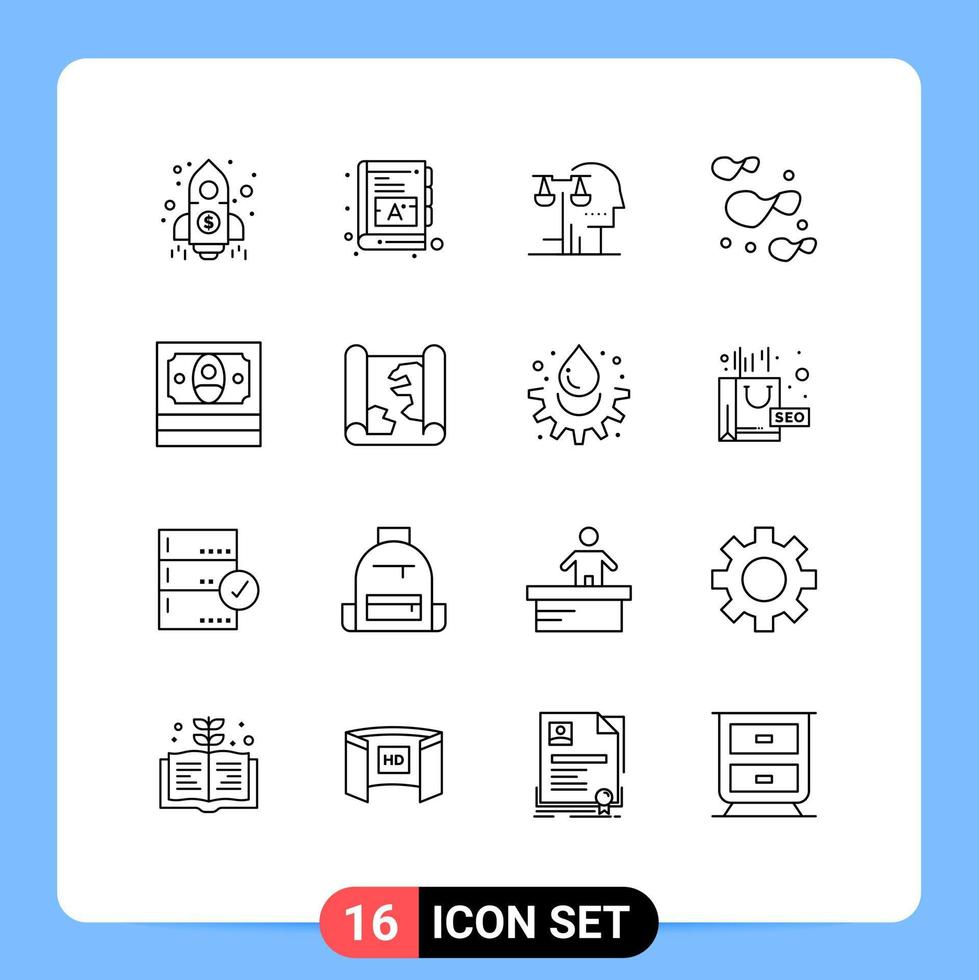 grupo de símbolos de ícone universal de 16 contornos modernos de finanças escolha de batata lei alimentar elementos de design de vetores editáveis