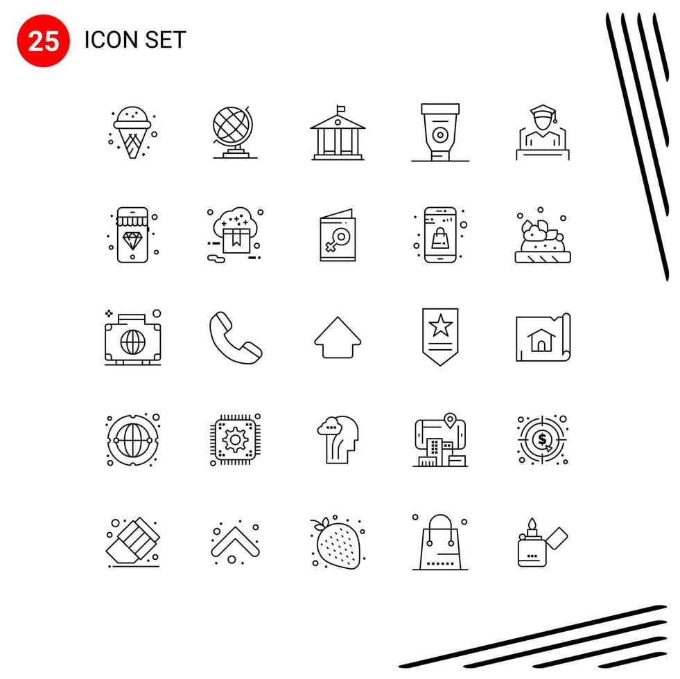 25 símbolos de sinais de linha universal de elementos de design de vetores editáveis de educação de dinheiro de formatura móvel