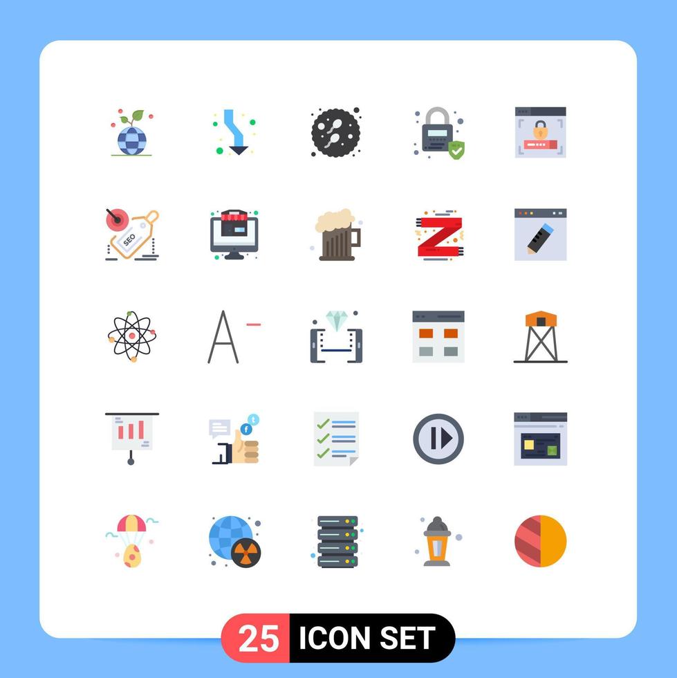 Pacote de cores planas de 25 interfaces de usuário de sinais e símbolos modernos de segurança, elementos de design de vetores editáveis de esperma bloqueado