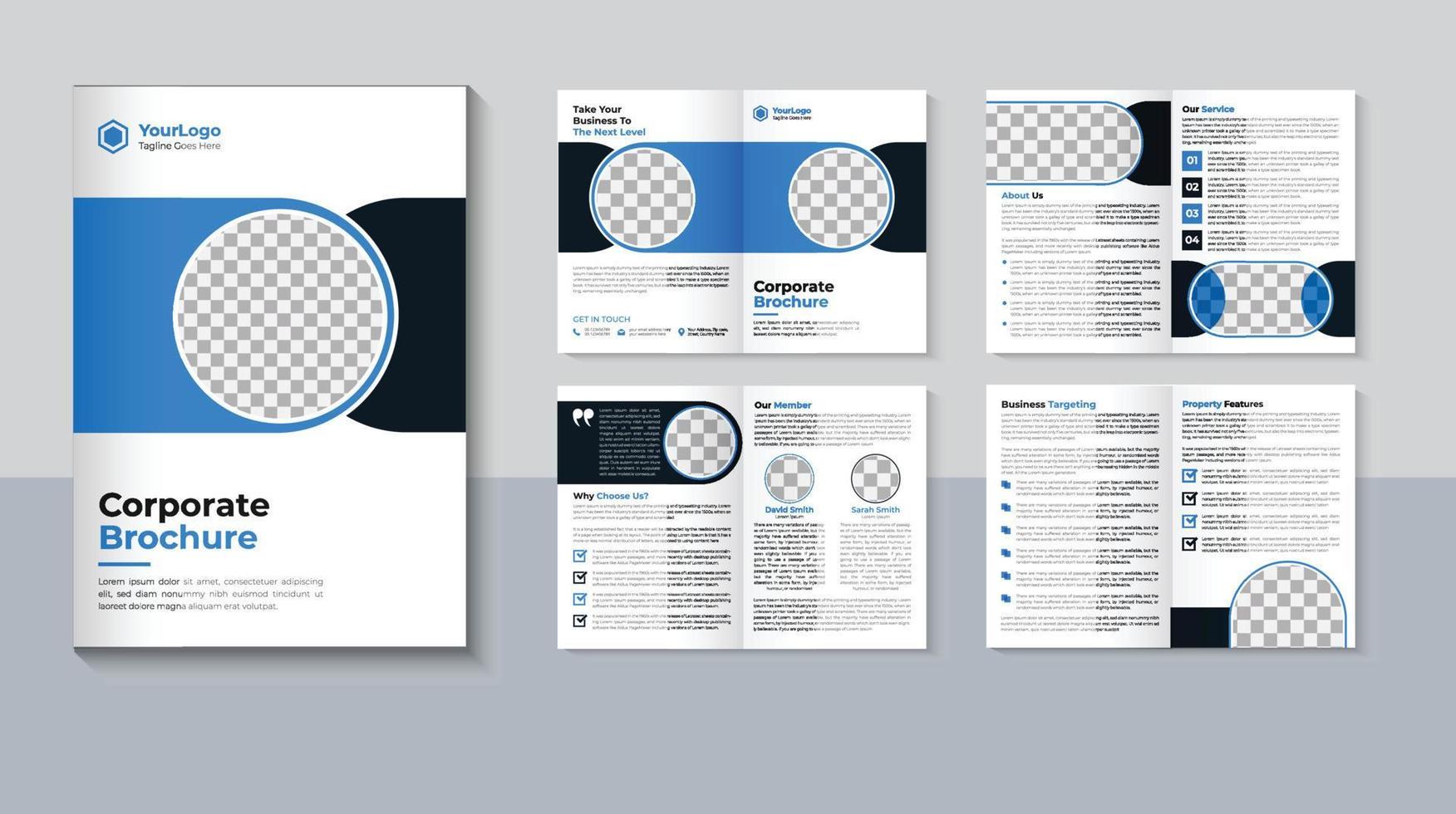 design de brochura de 8 páginas de negócios, modelo de brochura criativa, design de brochura corporativa, perfil de empresa moderna, cor azul, vetor profissional