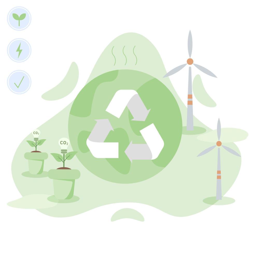 conjunto de ilustração de proteção ambiental. tentando reduzir a emissão de co2, trabalhando na indústria de reciclagem verde. ilustração vetorial. vetor