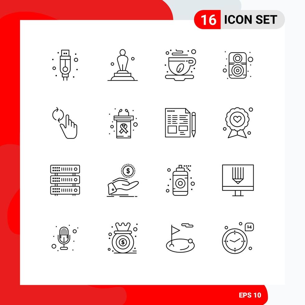 conjunto de pictogramas de 16 contornos simples de alto-falante de mão, xícara de café, som de computador, elementos de design de vetores editáveis