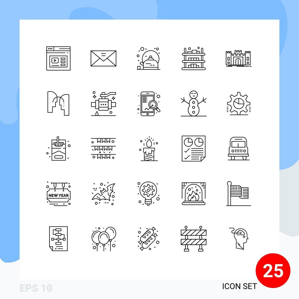 Pacote de linha de interface de usuário 25 de sinais e símbolos modernos de mensagem de comércio de venda compre elementos de design de vetores editáveis de chá