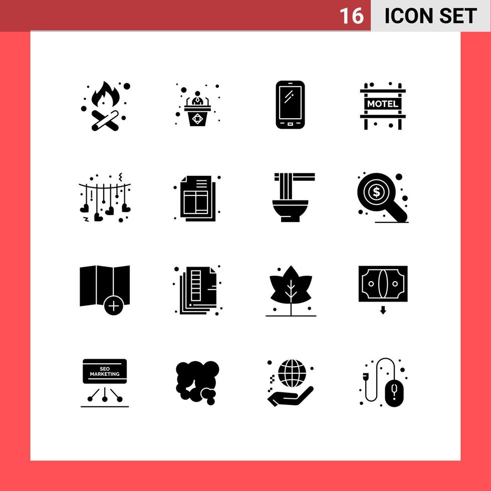 conjunto de 16 símbolos de ícones de interface do usuário modernos sinais de amor pendurado telefone inteligente viagem acomodação editável elementos de design vetorial vetor