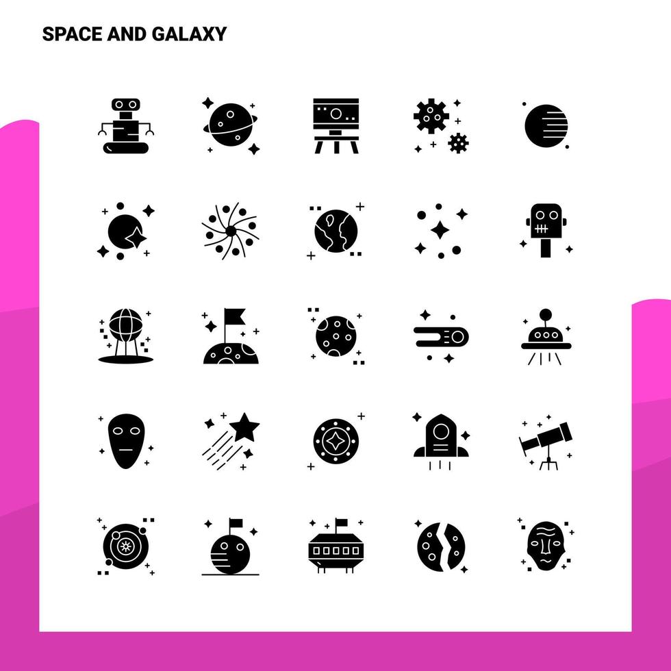 25 conjunto de ícones de espaço e galáxia modelo de ilustração vetorial de ícone de glifo sólido para web e ideias móveis para empresa de negócios vetor