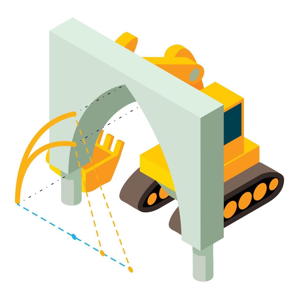 vetor isométrico do ícone do trabalho de construção. escavadeira sobre esteiras perto de arco de concreto