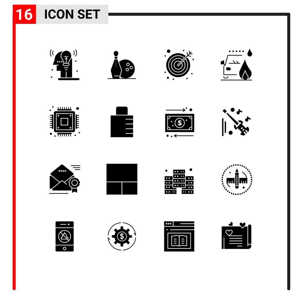 conjunto moderno de pictograma de 16 glifos sólidos de elementos de design de vetores editáveis de carro de estrada de chip de microchip