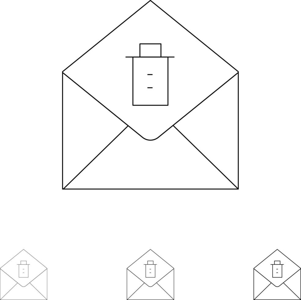 mensagem de correio excluir conjunto de ícones de linha preta em negrito e fino vetor