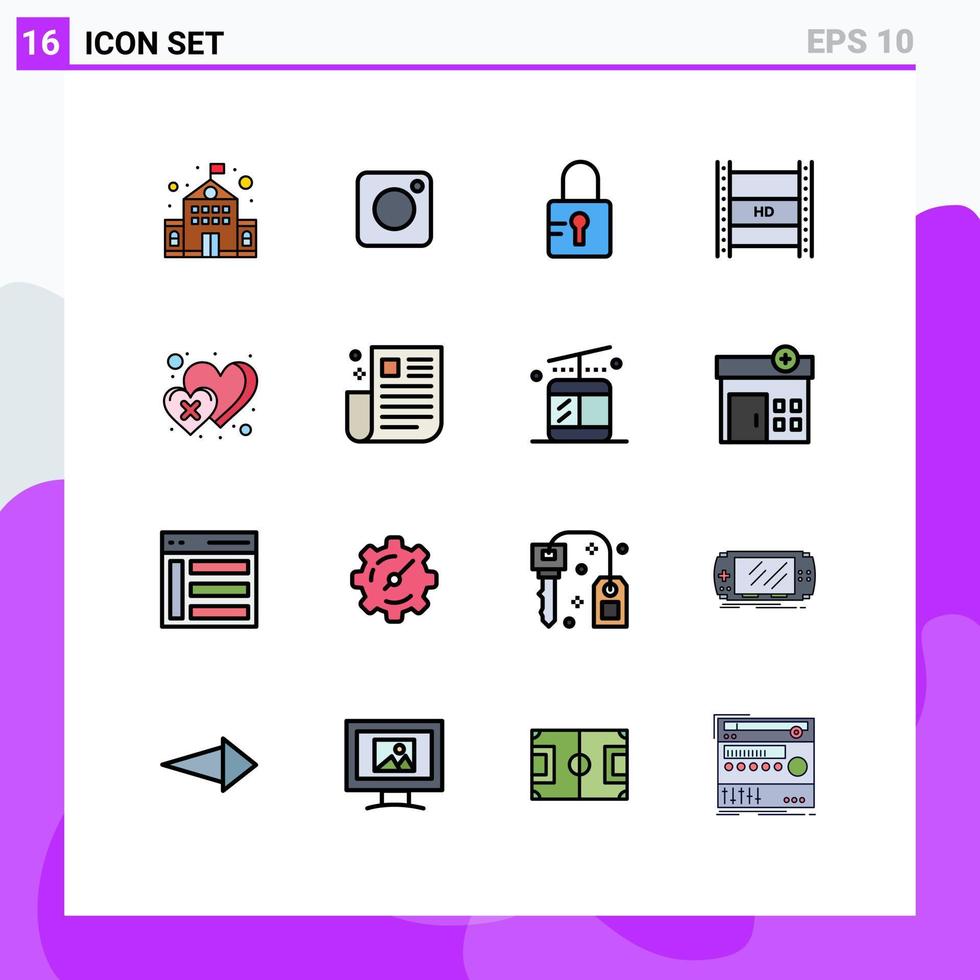 pacote de interface do usuário de 16 linhas básicas de cor plana preenchidas de vídeo de definição de coração bloqueado em alta definição em elementos de design de vetores criativos editáveis