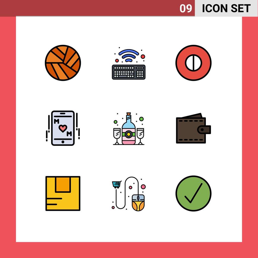 9 cores planas de linhas preenchidas de vetores temáticos e símbolos editáveis de símbolos de vinho de negócios elementos de design de vetores editáveis de mãe de vidro