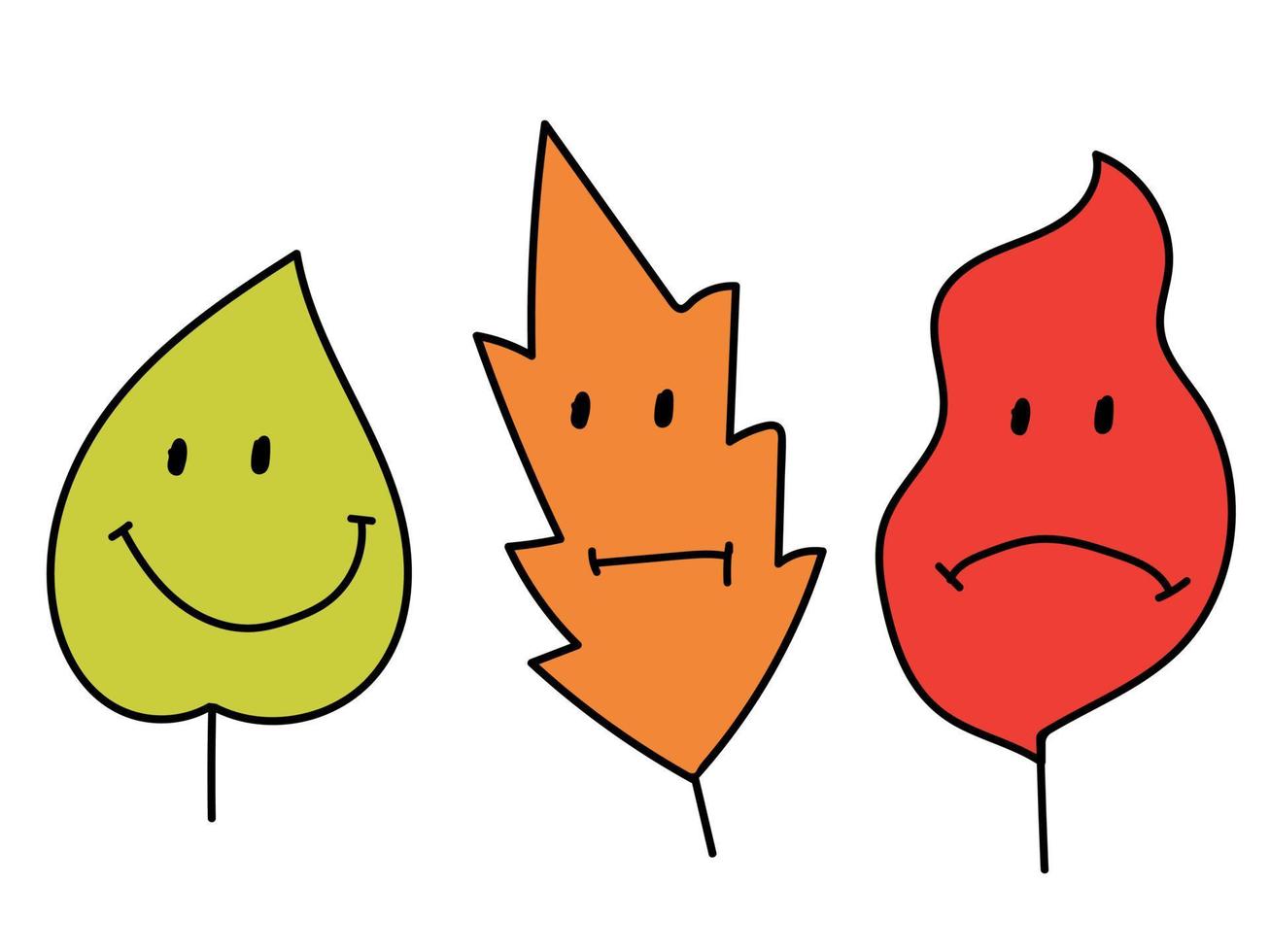 três folhas de outono com diferentes expressões de emoções vetor