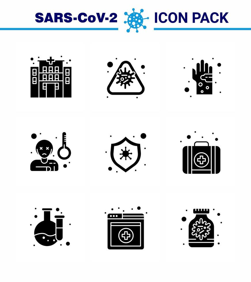 vírus corona 2019 e 2020 epidemia 9 glifo sólido pacote de ícones pretos como temprature vírus febre bacteriana higiene vírus viral doença 2019nov vetor elementos de design