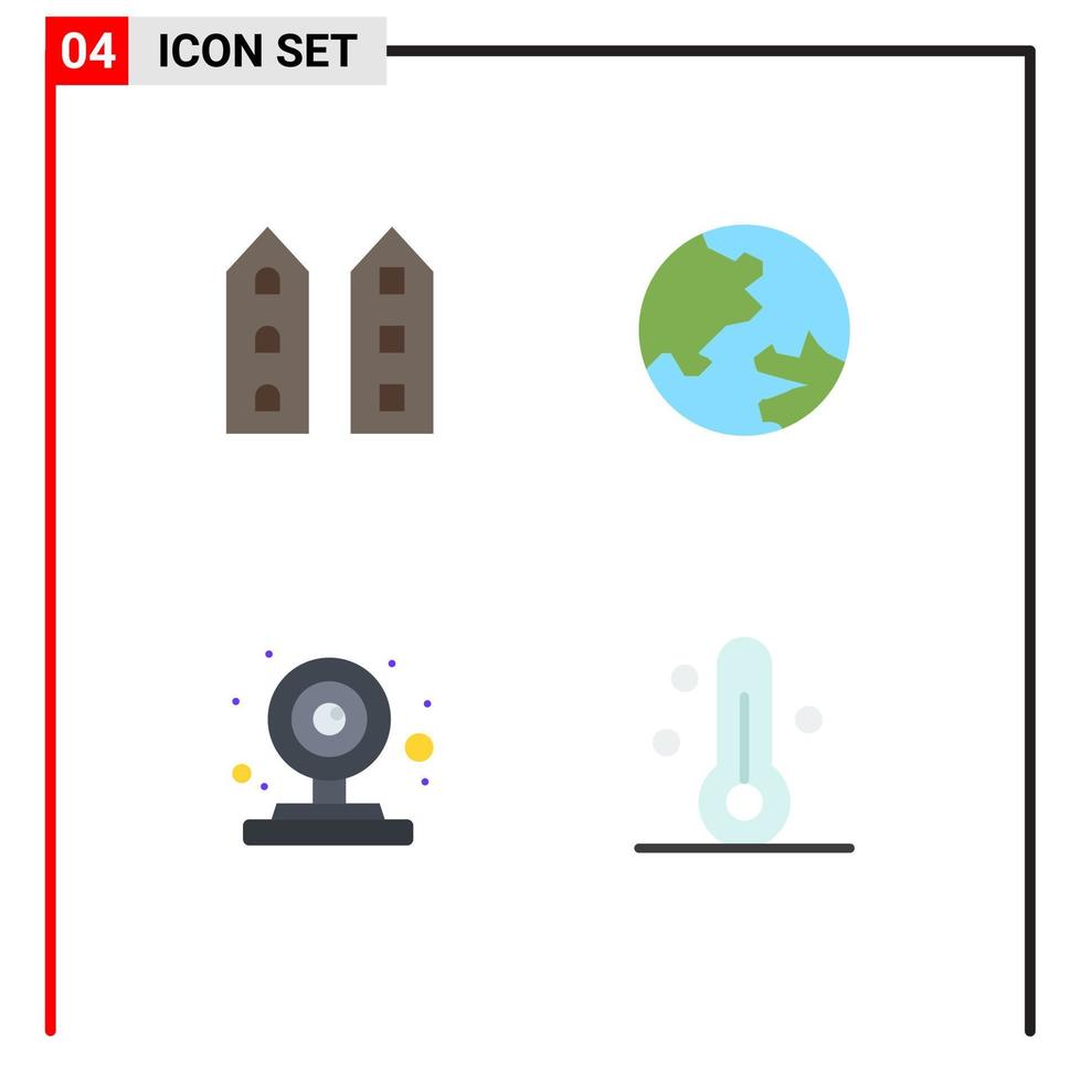 conjunto moderno de 4 ícones e símbolos planos, como edifícios, lojas na web, educação, câmera de vídeo, elementos de design vetorial editáveis vetor