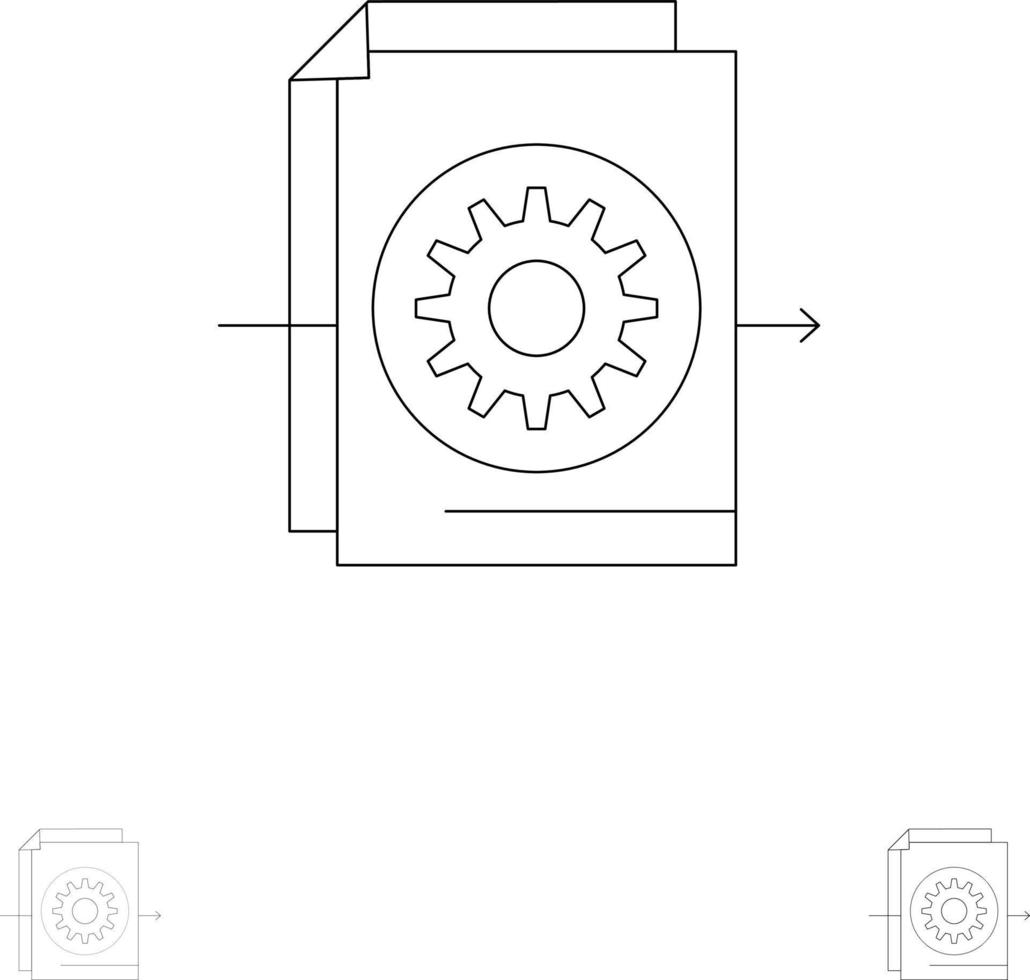 configurações de engrenagem de arquivo de documento conjunto de ícones de linha preta em negrito e fino vetor