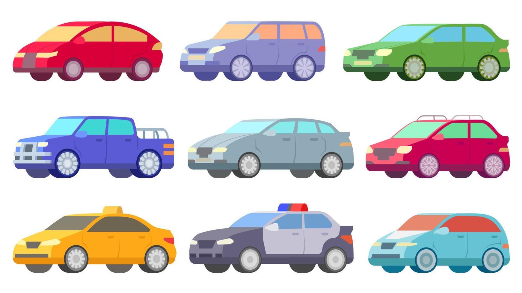 conjunto de ilustração de carro colorido. coleção de automóveis de estilo simples. automóveis urbanos, pickup, táxi, ilustrações de carros de polícia. vetor