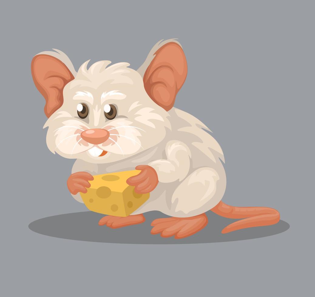 rato branco comendo personagem animal de queijo para animal de estimação ou experimento vetor de ilustração de desenho animado