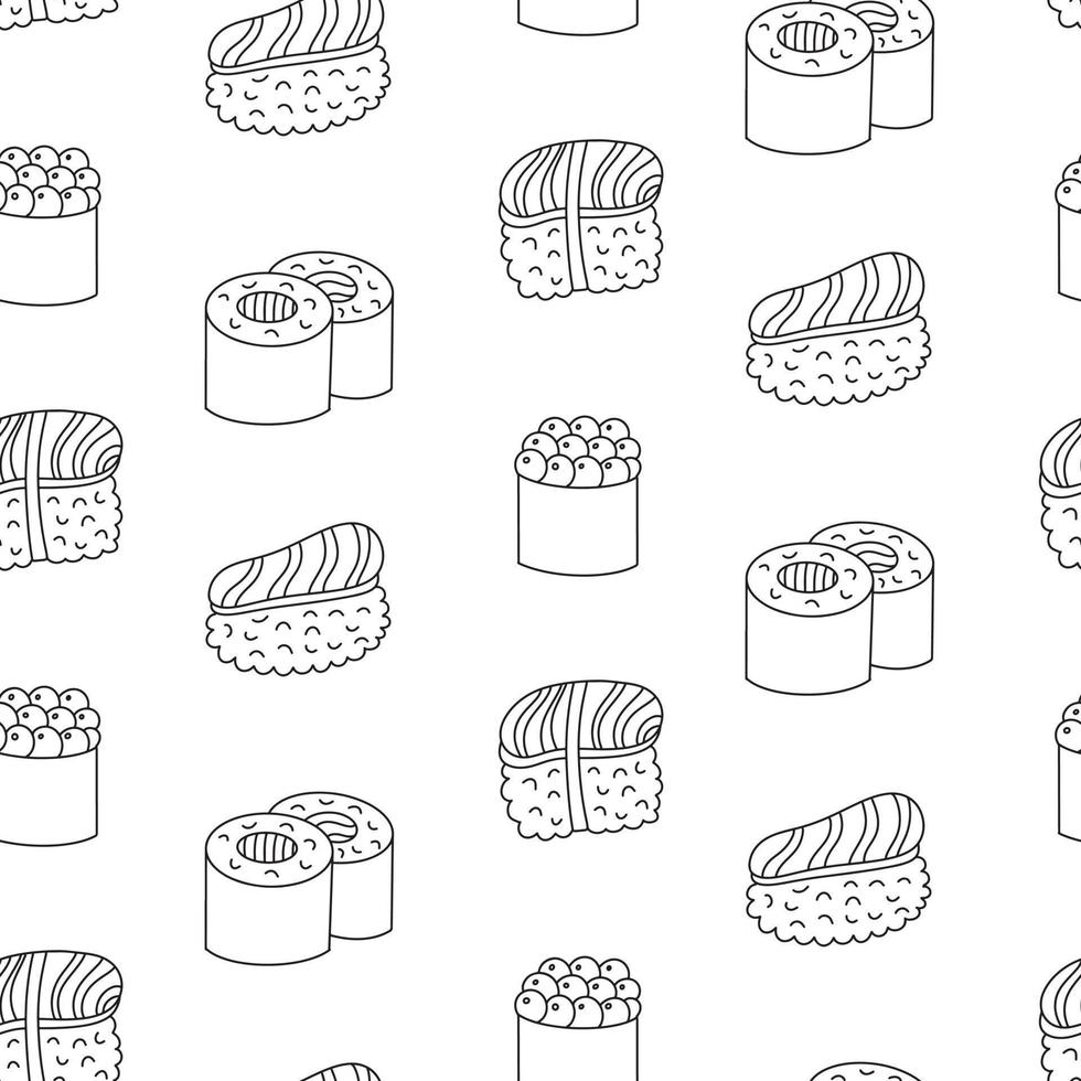 de fundo padrão sem emenda com rabiscos desenhados à mão de sushi. desenho de contorno, cenário de vetor de linha simples, impressão, papel de parede.