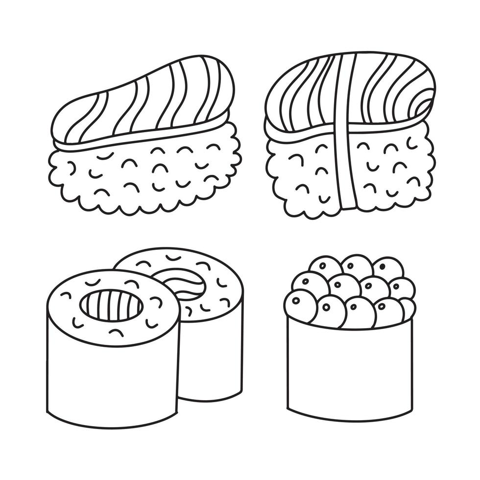 conjunto de rabiscos desenhados à mão de sushi. desenho de contorno, desenho de linha de contorno de contorno. página para colorir. ilustração em vetor linha simples isolada no fundo branco.