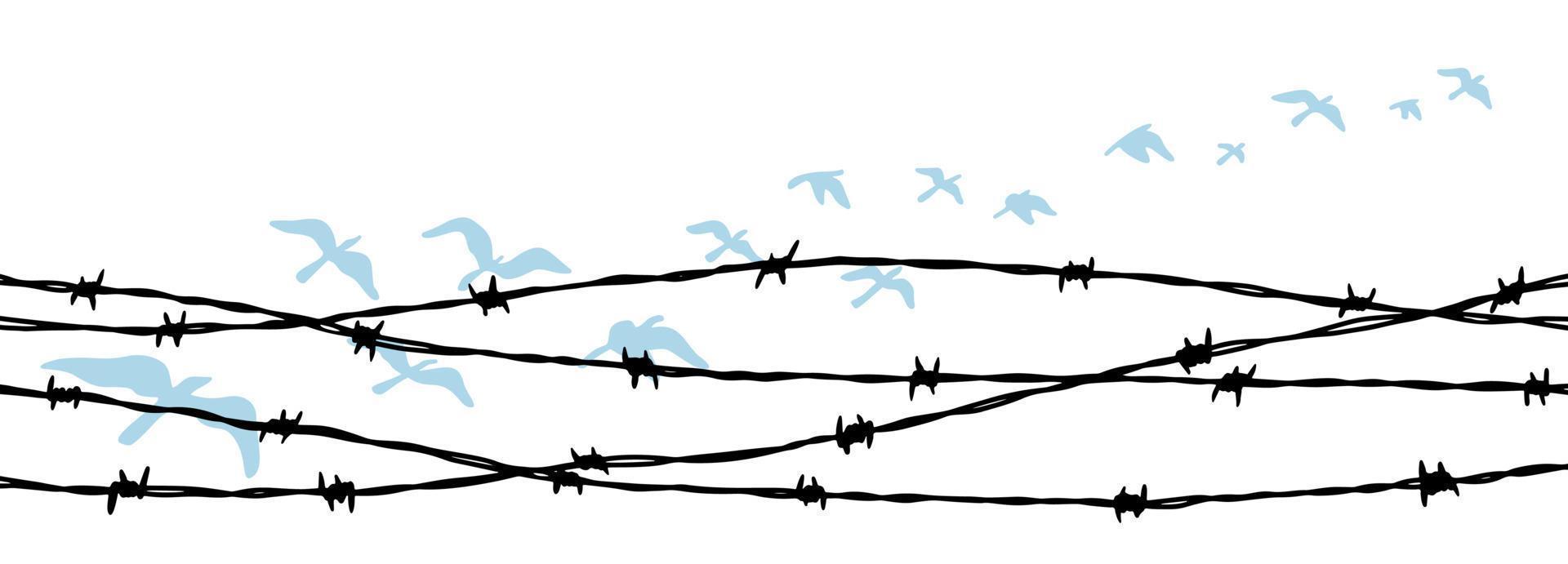 pássaros voando atrás da cerca de arame farpado. conceito de liberdade. ilustração vetorial desenhada à mão vetor