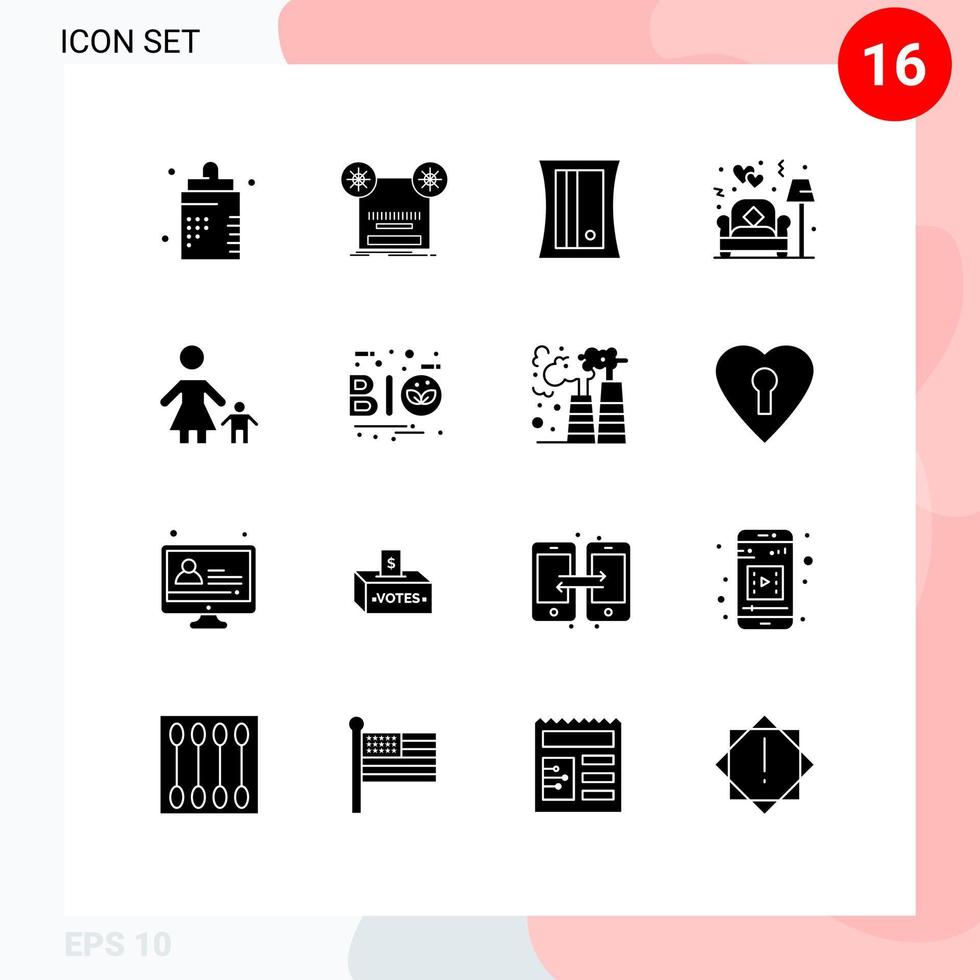 16 símbolos de glifos sólidos universais de ferramenta de lâmpada de fita de sofá infantil elementos de design de vetores editáveis